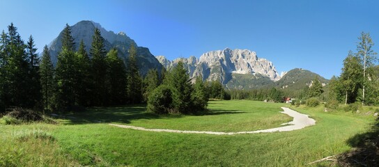 the end of the Valbruna valley with the Jôf di Montasio mountain in the Julian Alps in Italy