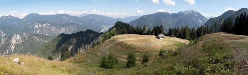 panoramic view from the northern slope of Mount Jof di Miezegnot in the Julian Alps in Italy