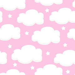 Seamless pattern with white clouds and stars on a pink sky background. For printing on fabrics, textiles, paper, bedding. Vector graphics.