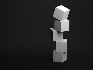 Abstract installation tower of five white cubes. 3 d art