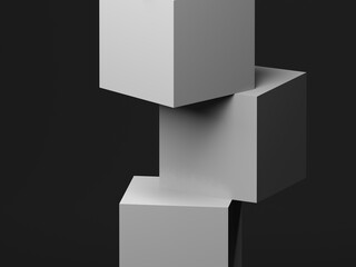 Abstract installation of white cubes over black wall. 3d