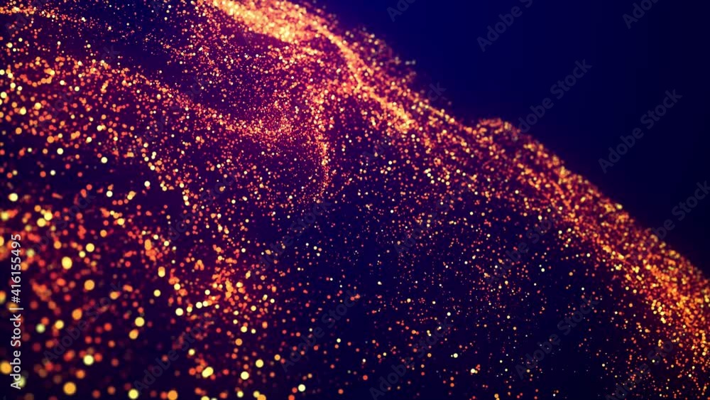 Poster abstract bg, golden magic glitters fly in air in slow motion and form beautiful swirls. fiery sparkl