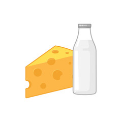 Slice of fresh cheese and milk bottle with glass isolated on white background vector illustration