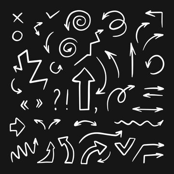 Set of hand drawn arrows. Stock vector illustration. chalk line pointers. Line outline elements in black background