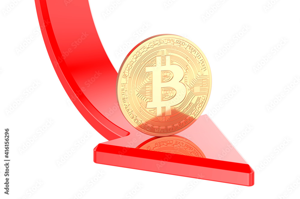 Poster bitcoin falling price concept. bitcoin with red arrow down, 3d rendering