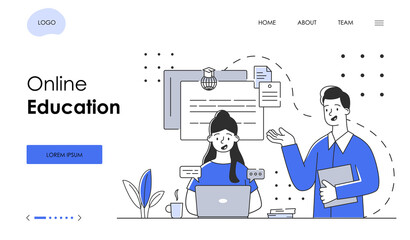 Female character is studying online on laptop. Concept of remote online digital education on computer. Website, web page, landing page template. Flat outline cartoon vector illustration