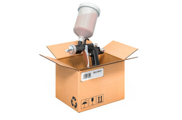 Air-pressurized spray gun inside cardboard box, delivery concept. 3D rendering