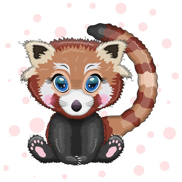 Red panda, cute character with beautiful eyes, bright childish style. Rare animals, red book, cat, bear