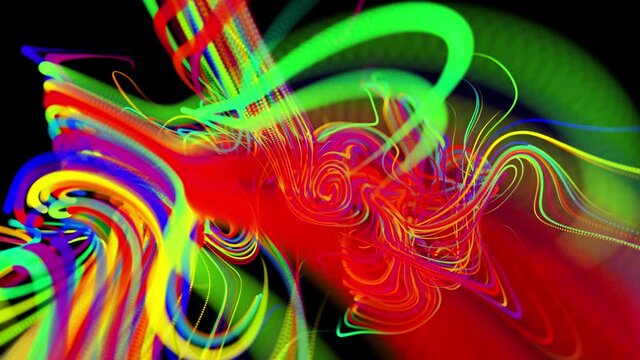 Visualization of neural network operation, multicolor bg. Abstract fast lines of light streaks in air. Stream of lines forms curled lines like glow light trails, swirling pattern like curle noise.