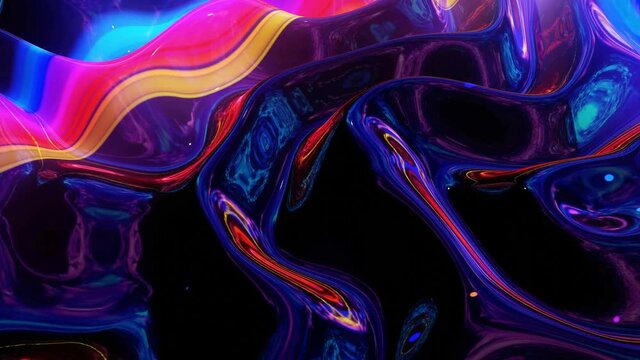 Looped abstract fluid background multicolor marble style. Beautiful glossy wavy surface of liquid with pattern, gradient color and flow waves on it. Creative bright bg with soft smooth animation.