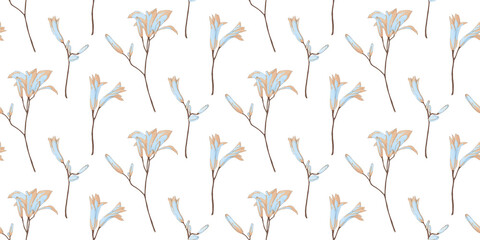 Seamless pattern of simple hand drawn watercolor lily flower. Endless blue and beige allover botany illustration. Minimalistic floral decor elements on white background.