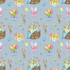 Watercolor Happy Easter background. Hand-drawn holiday eggs, tulips, rabbit ears and pussy willow branches.
