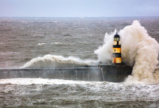 Image of Huge Waves Crashing against Seaham Harbour, Seaham, County Durham, UK.
