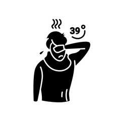 High temperature glyph icon.Person goes hot.High body temperature.39 C.Symptom virus, cold, flu. Filled flat sign. Isolated silhouette vector illustration