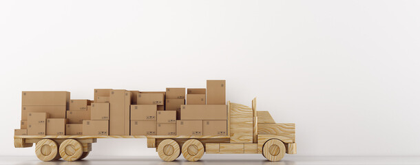 Cardboard boxes package on a wooden toy truck ready to be delivered on white background