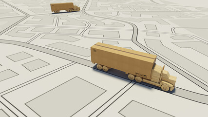 Big cardboard box package on a wooden toy truck ready to be delivered on a road map