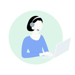 Woman call center operator icon. Woman with microphone and notebook on round background art design stock vector illustration for web, for print