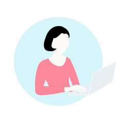 Woman online education. Woman with notebook round icon on blue art design stock vector illustration for web, for print