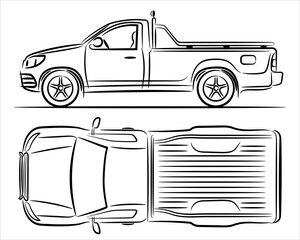 Outline illustration pickup truck, abstract silhouette on white background. Vehicle icons  set view from side and top. A hand drawn raster line art. © Art_freeman