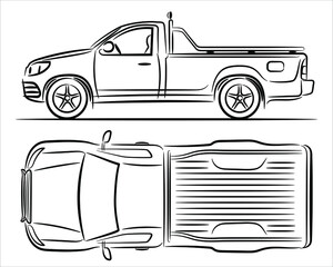 Outline illustration pickup truck, abstract silhouette on white background. Vehicle icons  set view from side and top. A hand drawn vector line art. © Art_freeman