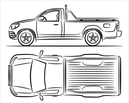 Outline Illustration Pickup Truck, Abstract Silhouette On White Background. Vehicle Icons  Set View From Side And Top. A Hand Drawn Vector Line Art.