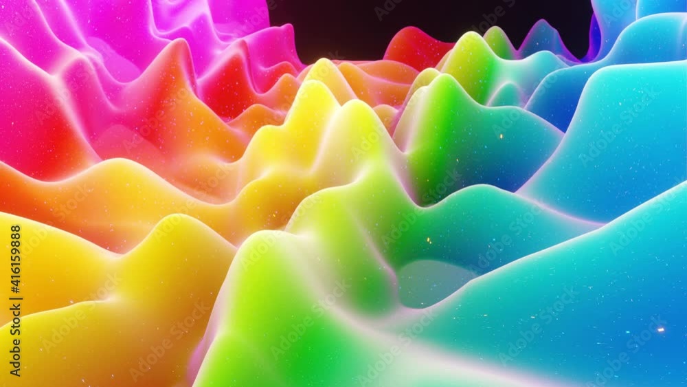 Poster beautiful abstract 3d surface with extrude or displace waves transform in loop. rainbow gradient. so