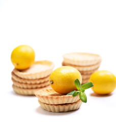 Stacked traditional french tart with lemons on top on blue background