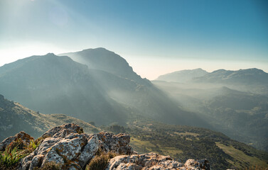 landscape of mountains and sunset with trees in the sierra de tramuntana spain mallorca