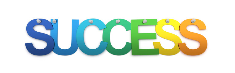 Success concept. Colorful letters pinned on white wall.