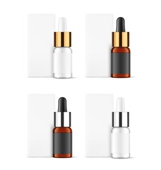 Obraz premium Dropper bottle with metal cap mockup isolated on white background. Vector illustration. Front view. Сan be used for cosmetic, medical and other needs. EPS10 