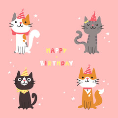 Set of different cartoon cats. Happy Birthday lettering. Lovely kittens sitting together. Hand drawn pets in festive caps. Greeting card. Vector flat cartoon illustration.