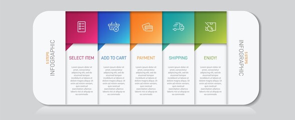 Concept of shopping process with 5 successive steps. Five colorful graphic elements. Timeline design for brochure, presentation, web site. Infographic design layout.