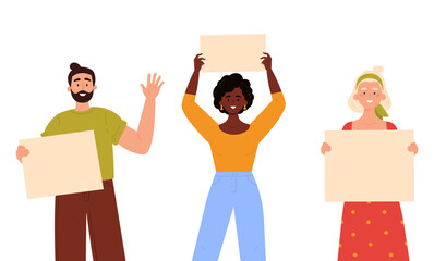 People holding a blank posters with place for text. A young women and man holding a bullet leafs in their hands. Teenagers showing posters. Hand drawn style vector trendy illustration.