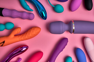 Million Pleasures. Many Sex Toys For Adults, Beautiful Colourful Vibrators and Dildos Isolated...