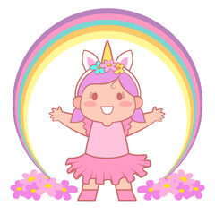 Cute cartoon girl with unicorn headband and dress