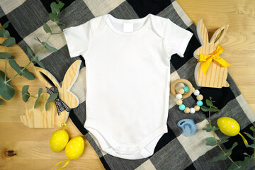 Easter farmhouse theme baby apparel top view flatlay. Mock up. Bodysuit, romper onesie mock up with...
