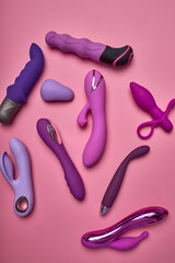 Colourful Dildo, vibrator in sex shop assortment. toys for adults, sensuality, excitement concept. Equipment tools for masturbating