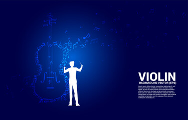 Vector silhouette of conductor hand with music melody note dancing flow shape violin icon . Concept background for song and concert theme.