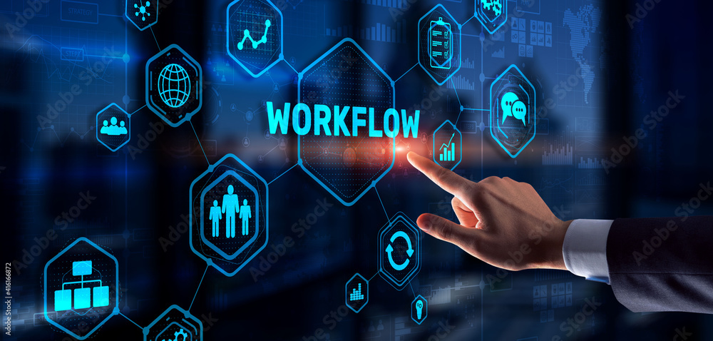 Poster workflow repeatability systematization buisness process. business technology internet