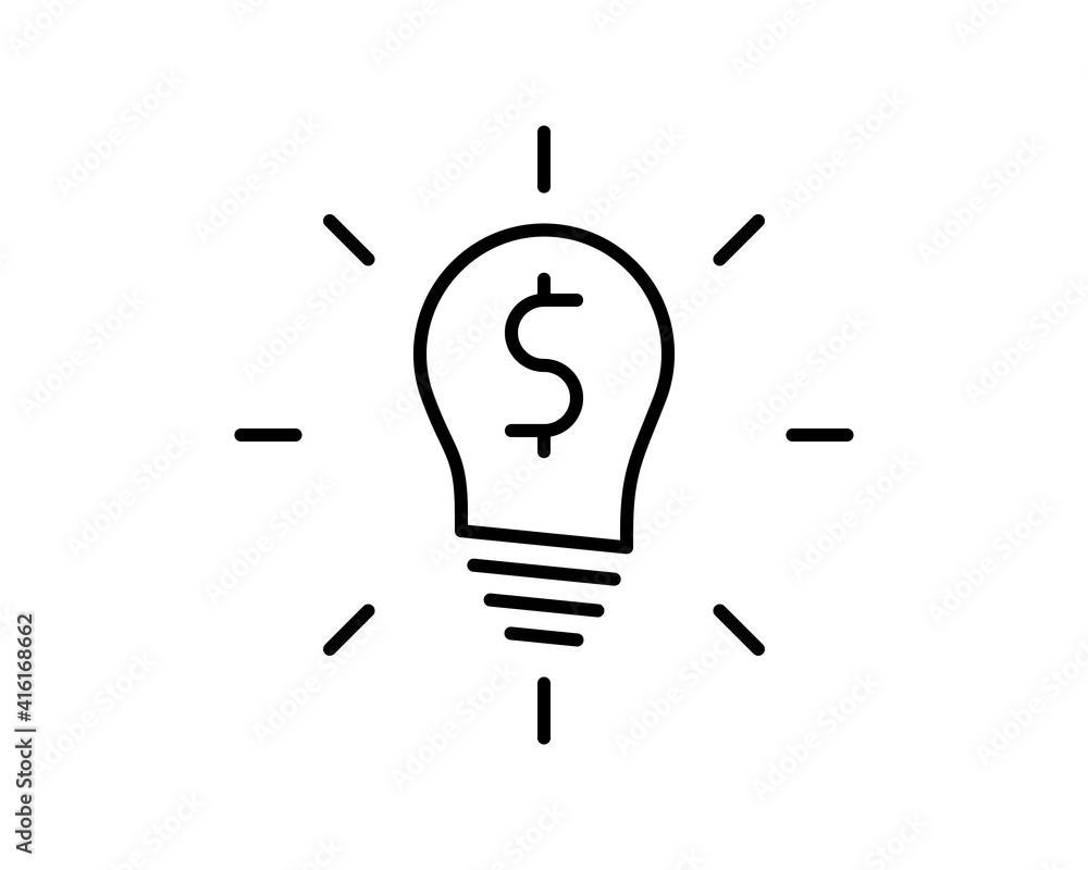 Poster black outline vector lightbulb with dollar, simple linear business idea. flat isolated finance symbo