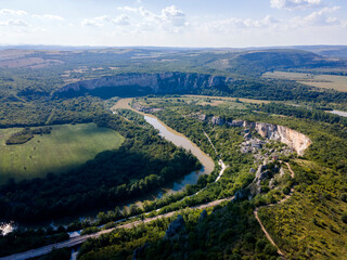 Aerial view of Iskar river, passing near village of Karlukovo, Bulgaria