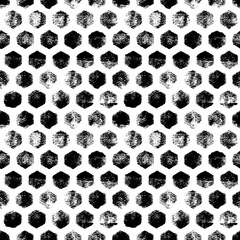 Seamless pattern of the hexagonal netting. Hand drawn geometry hexagon vector texture. Black and white abstract geometric background with imprints. Monochrome grunge retro pattern.