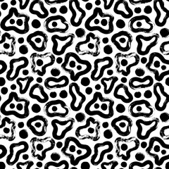 Hand drawn fluid shapes and dots seamless pattern. Black vector ink illustration. Wave grunge circles, liquid shapes in Memphis style. Organic and bio ornament, hand painted abstract texture