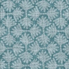 Aegean teal mottled flower linen texture background. Summer coastal living style 2 tone fabric effect. Sea green wash distressed grunge material. Decorative floral motif textile seamless pattern 
