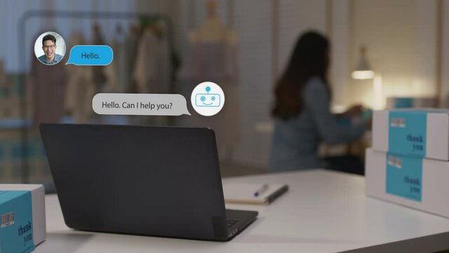 Chatbot conversation on laptop screen app interface with artificial intelligence technology providing virtual robotic assistant customer support and information for small business SME B2C concept.