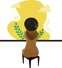 Young woman with hat sitting on a chair yellow background flat vector image