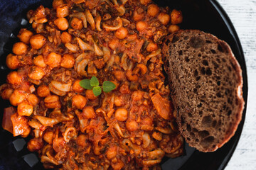 healthy plant-based food, vegan chickpea mushroom red pesto sauce with bukwheat fusilli pasta