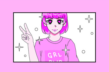 Cartoon slylish anime girl showing victory hand gesture. Modern trendy personage.