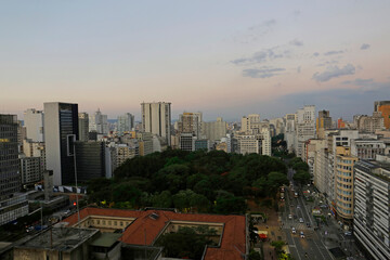 Fototapeta na wymiar Aerial view of Republica square, in Republica neighborhood, downtown Sao Paulo, Brazil, during sunset.