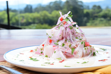Traditional Peruvian ceviche with fish, onion, lemon, chili peppers, coriander, salt and pepper on wooden background